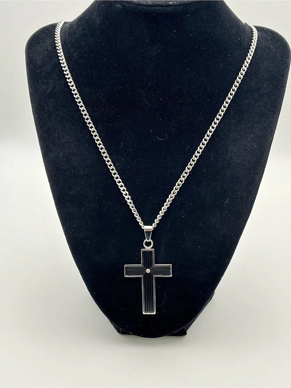 23”, Stainless Steel Cross Pendant w/ CZ and Cuban Chain